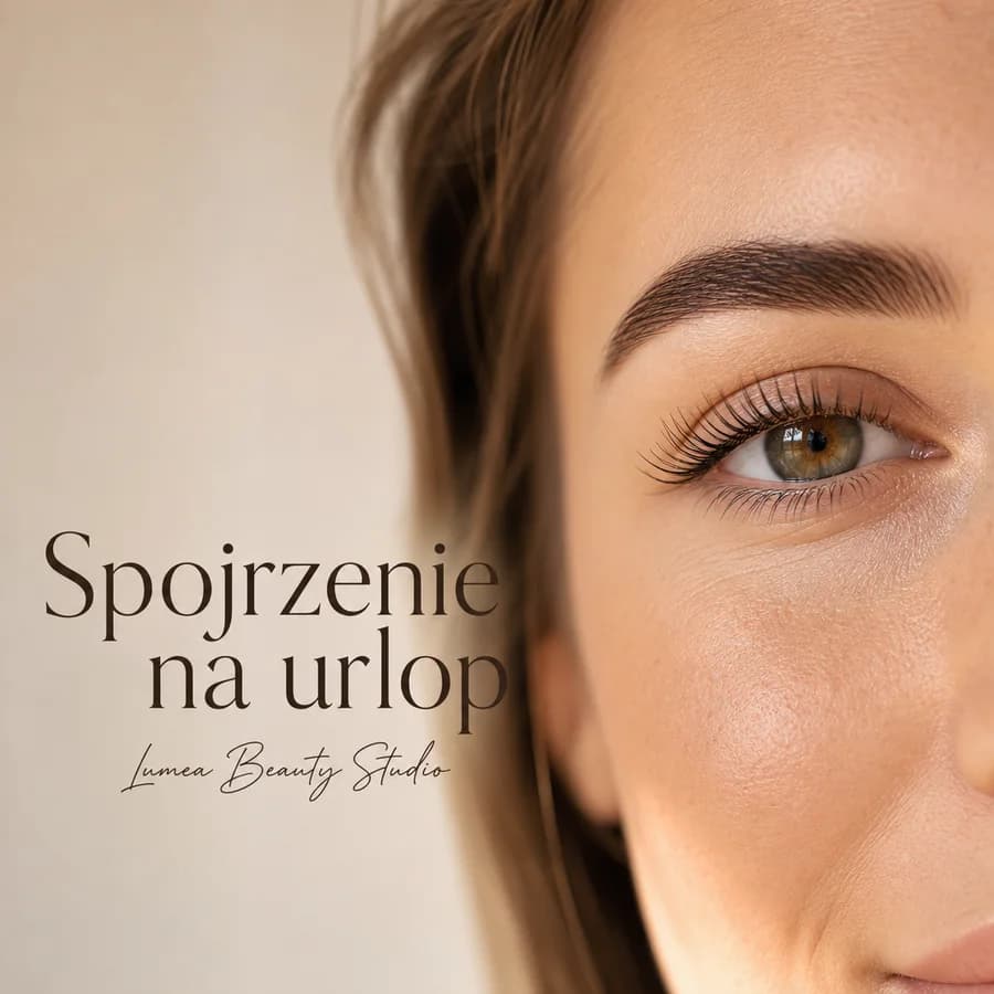 Grafika z panelu: hasło „Spojrzenie na urlop” na portrecie z podkreślonymi brwiami