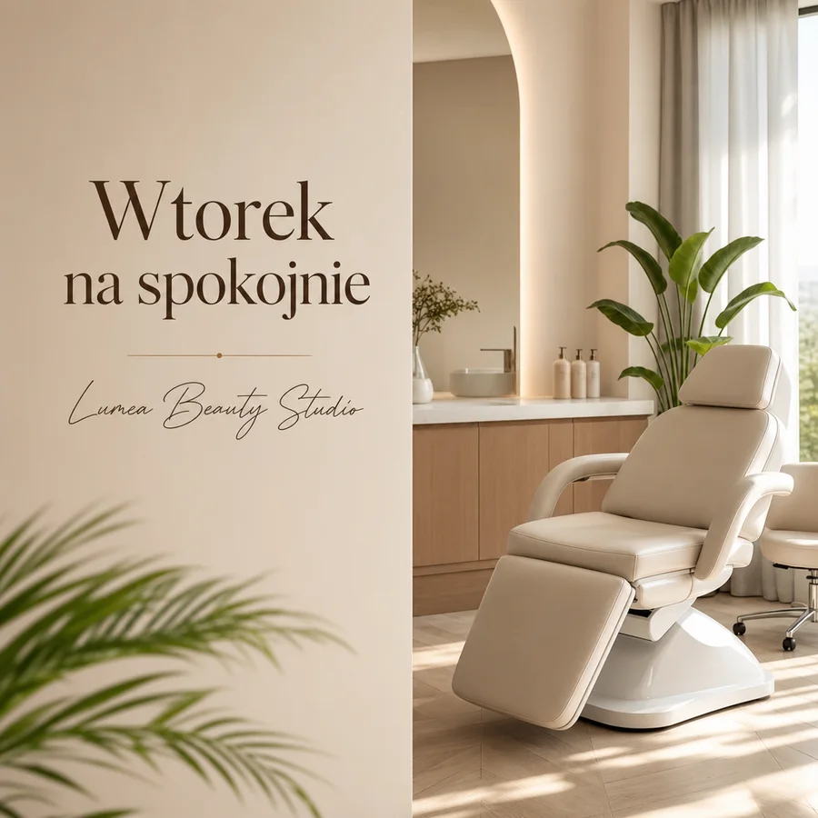 Grafika z panelu: hasło „Wtorek na spokojnie” na zdjęciu wnętrza gabinetu